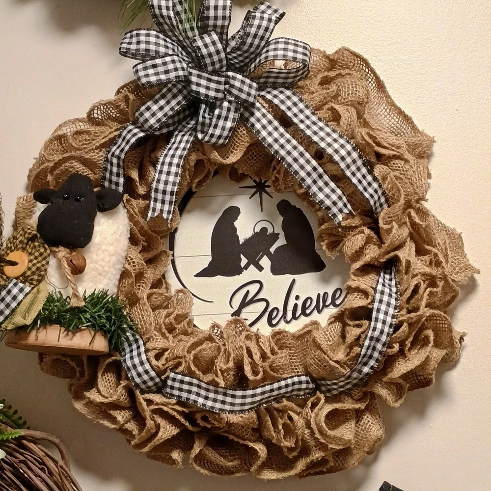 Rustic Burlap Holiday Wreath with Believe Metal Sign And Sheep